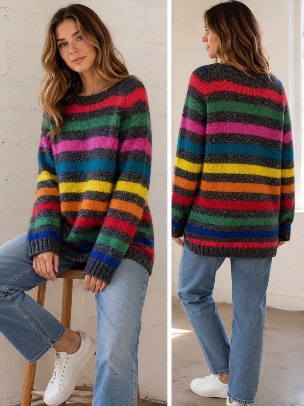 BDG Urban Outfitters gray rainbow stripe pull over fuzzy sweater